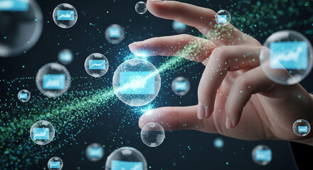 Hand interacting with floating graph bubbles in a digital space with sparkling green particles around
