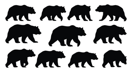 Fototapeta premium Collection of Black Bear Silhouettes Walking and Standing Isolated on a White Background – Perfect for Nature, Wildlife, and Animal-Themed Designs