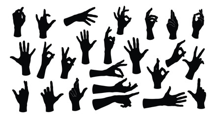 Collection of Diverse Hand Gesture Silhouettes and Finger Poses Isolated on White Background – Ideal for Communication, Interaction, and Sign Language Designs