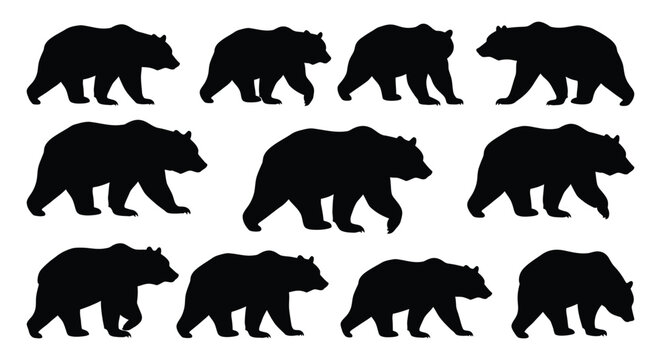 Collection of Black Bear Silhouettes Walking and Standing Isolated on a White Background – Perfect for Nature, Wildlife, and Animal-Themed Designs