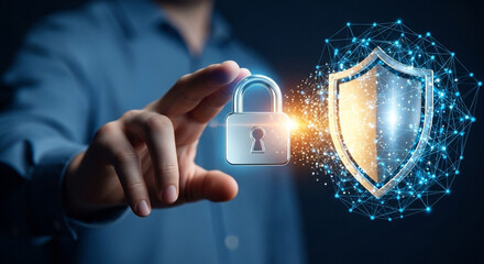 Person holding padlock with digital shield representing cybersecurity and data protection concept