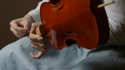 Skilled luthier crafting violin, carefully selecting specialized tools and meticulously joining delicate wooden components in traditional workshop setting