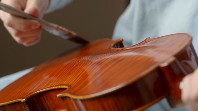 Skilled craftsman applying protective varnish to violin body, highlighting intricate woodworking techniques in musical instrument creation