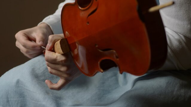 Skilled luthier crafting violin, carefully selecting specialized tools and meticulously joining delicate wooden components in traditional workshop setting