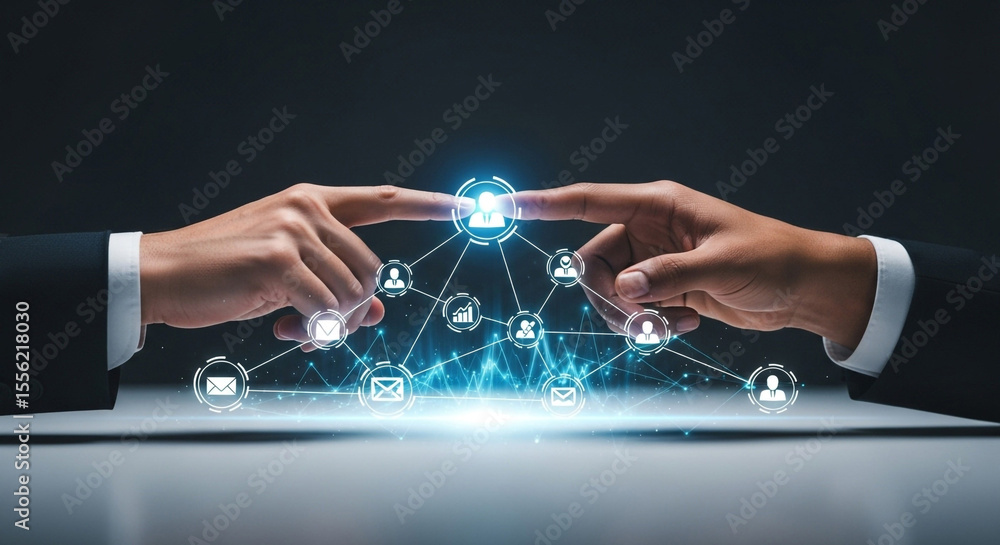 Poster two hands touching a glowing network of interconnected icons on a reflective surface