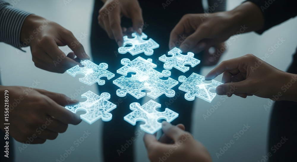 Poster hands assembling glowing puzzle pieces representing teamwork and collaboration in a group effort