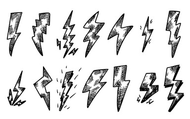 Pack thunder Lightning icons hand drawn doodle with various shapes collection