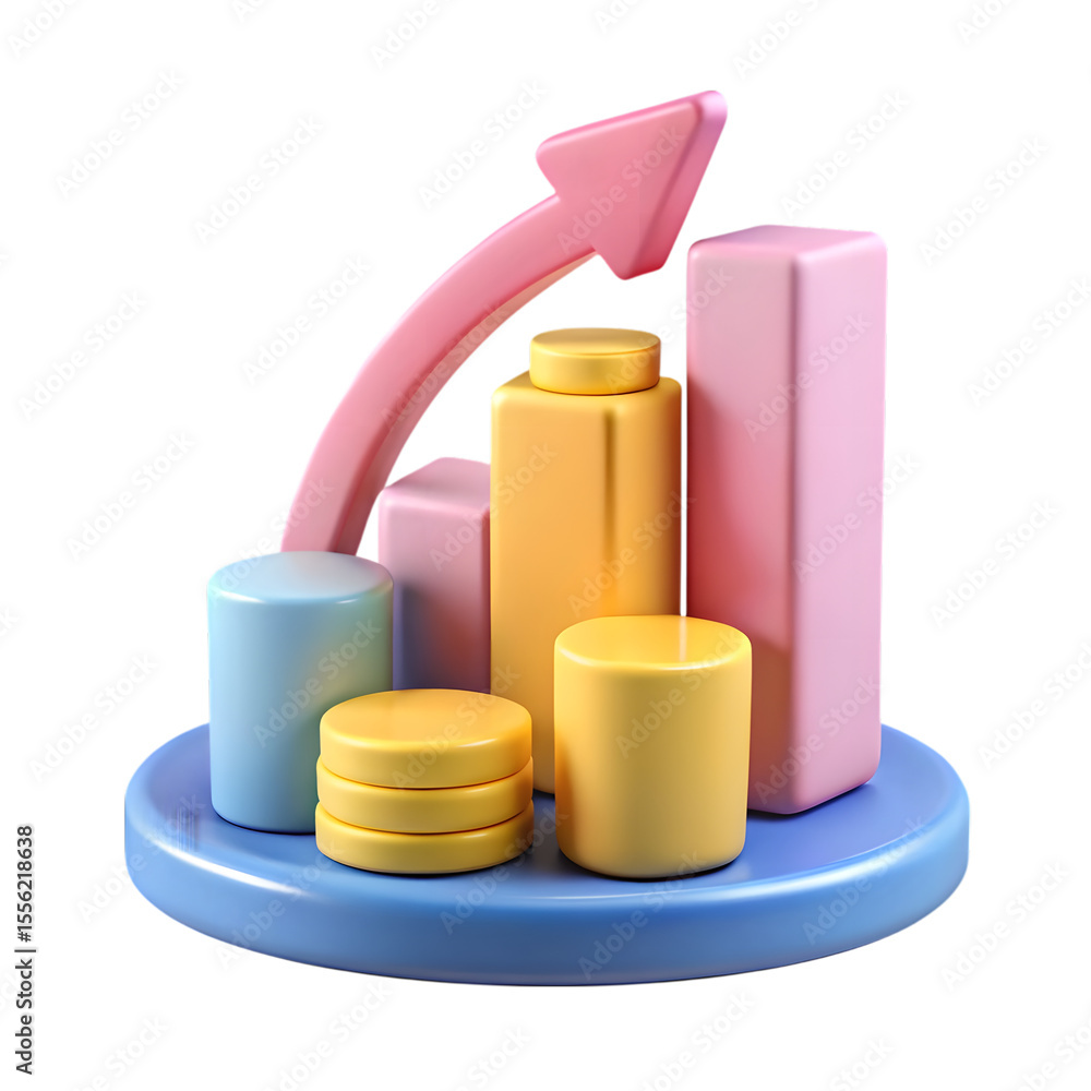 Poster 3d abstract bar chart with upward arrow and stacked coins isolated on transparent background