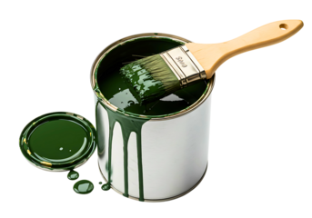 Open can of green paint with a paintbrush inside isolated on transparent background