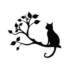 Elegant Silhouette of a Cat Perched on a Branch with Leaves