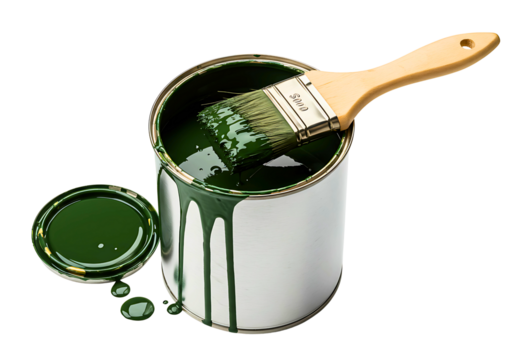 Open can of green paint with a paintbrush inside isolated on transparent background - Powered by Adobe