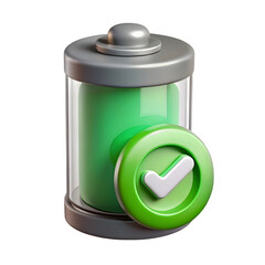 3d battery icon with green check mark indicating full charge or success isolated on transparent background