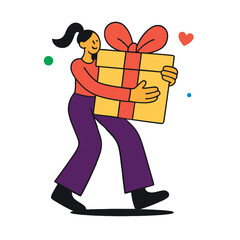 Vector illustration of a happy woman hugging a large gift box with a red bow. Colorful dots and a heart symbol express love, joy, and celebration.