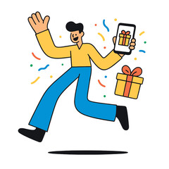 Vector illustration of a happy man jumping with a smartphone showing a gift box. Confetti around him symbolizes winning, surprise, or receiving a reward online.
