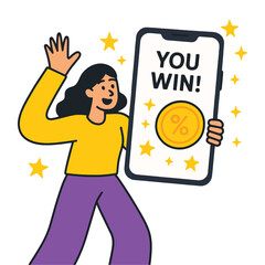 Vector illustration of a happy woman holding a big smartphone with You Win! text and a discount coin. Celebration of an online reward, bonus, or prize.