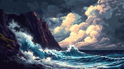 Coastal Majesty: A majestic coastal scene, showcasing dramatic waves crashing against rugged cliffs under a dynamic sky.
