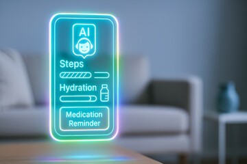 AI health assistant hologram. Futuristic AI health assistant hologram showing steps hydration medication reminders glowing display in home environment