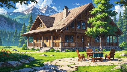 Obraz premium Cozy Wooden Cabin in Scenic Mountain Forest Landscape
