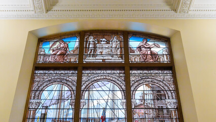 Heritage colonial stained glass window in the Old City Hall building, Toronto, Canada
