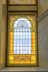 Heritage colonial stained glass window in the Old City Hall building, Toronto, Canada