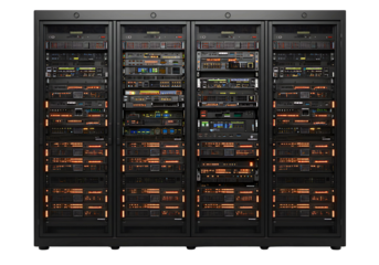 server racks filled with electronic equipment and glowing lights isolated on transparent background