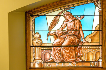 Heritage colonial stained glass window in the Old City Hall building, Toronto, Canada