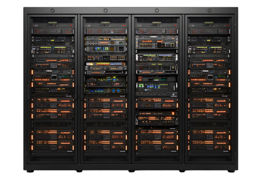 server racks filled with electronic equipment and glowing lights isolated on transparent background