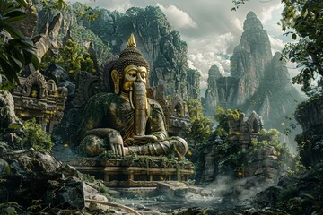 Golden Buddha in tropical forest