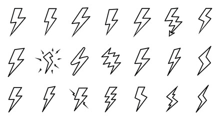 Extensive Collection of Diverse Lightning Bolt Outlines and Thunder Energy Symbols Isolated on White Background – Ideal for Power, Speed, and Electric-Themed Designs