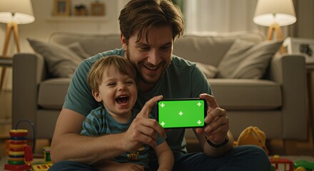 Dad and Toddler Laugh Together Watching a Green Screen on a Smartphone
