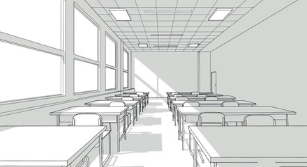 Obraz premium Classroom perspective vector illustration - educational design for posters and prints in line art style
