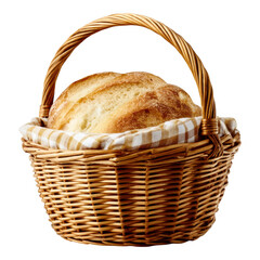 Freshly Baked Bread Loaf in a Woven Basket with Checkered Cloth Lining on White Background