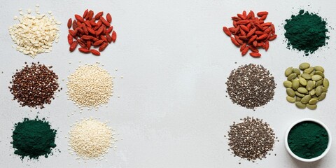 Various superfoods arranged symmetrically on a white background, including seeds, powders, and goji berries.