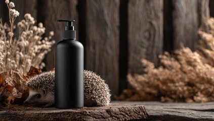 Black bottle, hedgehog, autumnal backdrop