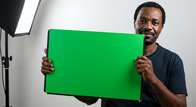 Confident Man Holds a Vibrant Green Screen, Ready for Your Message