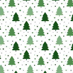 Christmas tree seamless pattern.Repeat pattern with green pine trees, hearts and snow isolated on white background.Vector graphic illustration wallpaper.