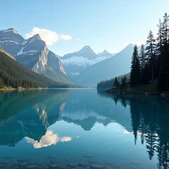 Fototapeta premium : Tranquil mountain lake with reflection and pine trees under clear blue sky.