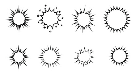 Outline Starburst and Burst Shapes with Radial Rays Isolated on White Background – Perfect for Accent Graphics and Comic Book Elements