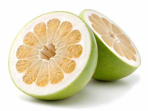 Fresh green pomelo fruit cut in half showing juicy segments isolated on white background