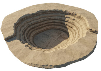 Natural geological formation with layered rock strata and a central sinkhole isolated on transparent background