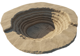 Natural geological formation with layered rock strata and a central sinkhole isolated on transparent background
