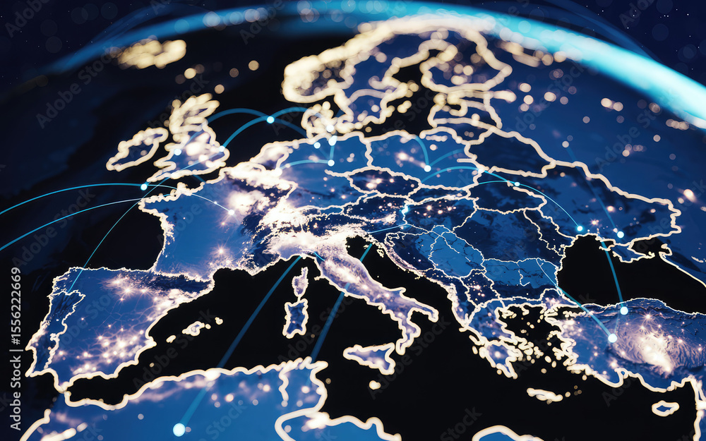 Poster global network europe: illuminated map of europe showcasing interconnectedness through glowing lines