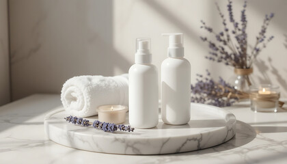 White spa bottles, lavender sprigs, and a rolled towel on a marble tray, showcasing a serene spa setting.
