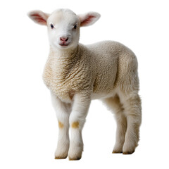 Fototapeta premium Adorable young lamb standing on fluffy wool in bright light showcasing innocence and playfulness