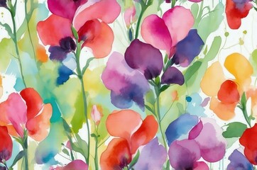 Colorful floral pattern illustration featuring sweet peas in vibrant hues against a light background