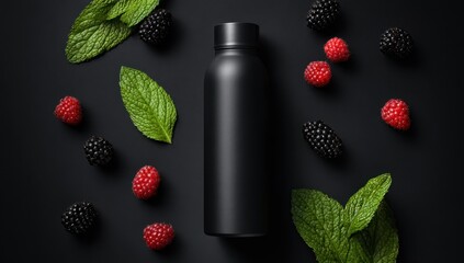 Matte black reusable water bottle surrounded by fresh mint leaves and assorted berries on a dark background