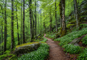 Obraz premium Lush forest path winding through a bed of springtime wildflowers