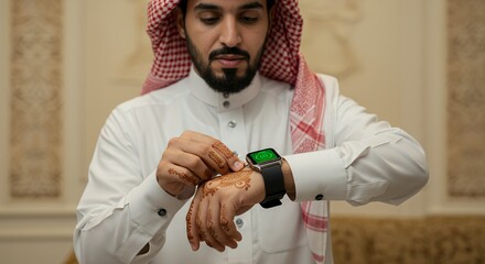 Modern Man, Traditional Attire: A Saudi Arabian Gentleman Adjusts His Smartwatch