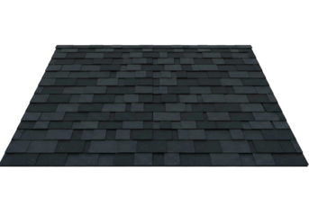 Modern dark grey asphalt shingle roof section with wooden trusses isolated on transparent background