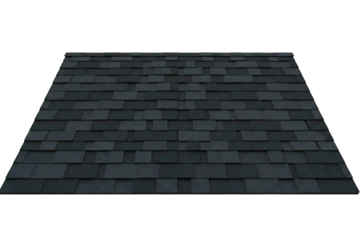 Modern dark grey asphalt shingle roof section with wooden trusses isolated on transparent background